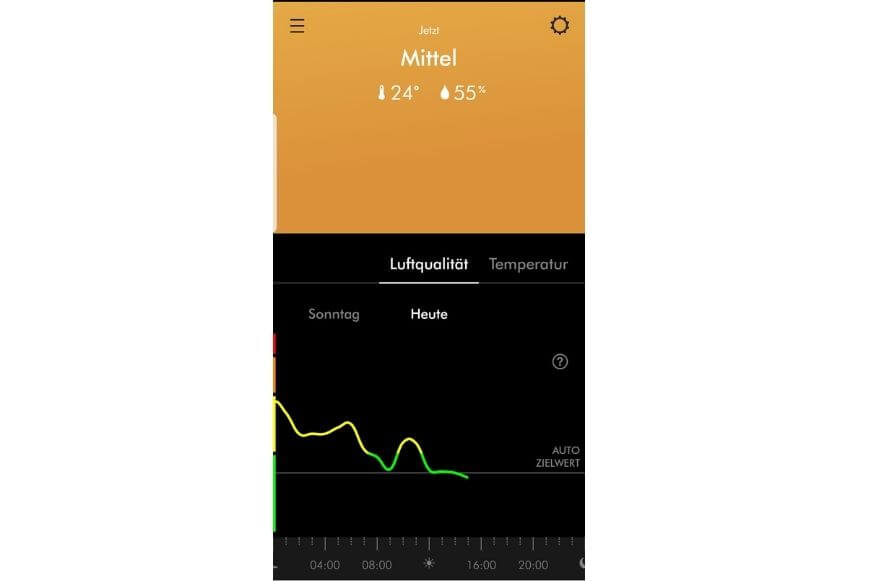 Die Dyson Link App zeigt die mittlere Luftqualität, indem das Haus in oranger Farbe angezeigt wird.